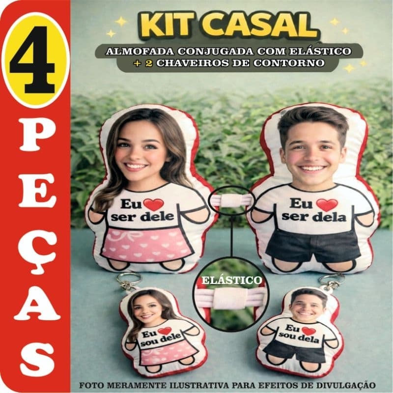 KIT CASAL PERSONALIZADO – ALMOFADA CONJUGADA COM ELÁSTICO + 2 CHAVEIROS | PRESENTE ROMÂNTICO