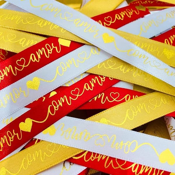 Fita de Cetim decorado Com Amor 15mm Hot Stamping