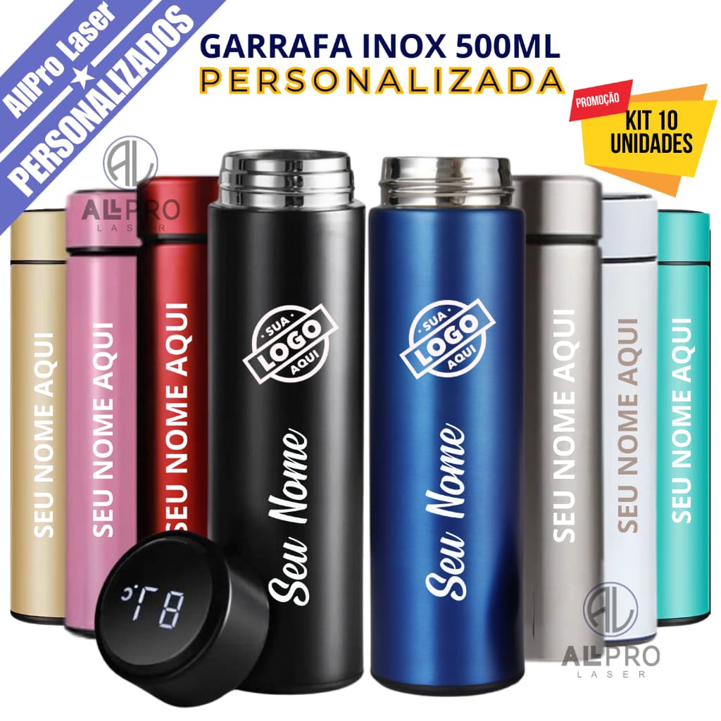 Kit 10 Garrafas Térmica Termômetro LED 500ml Personalizada Logo Nome Times