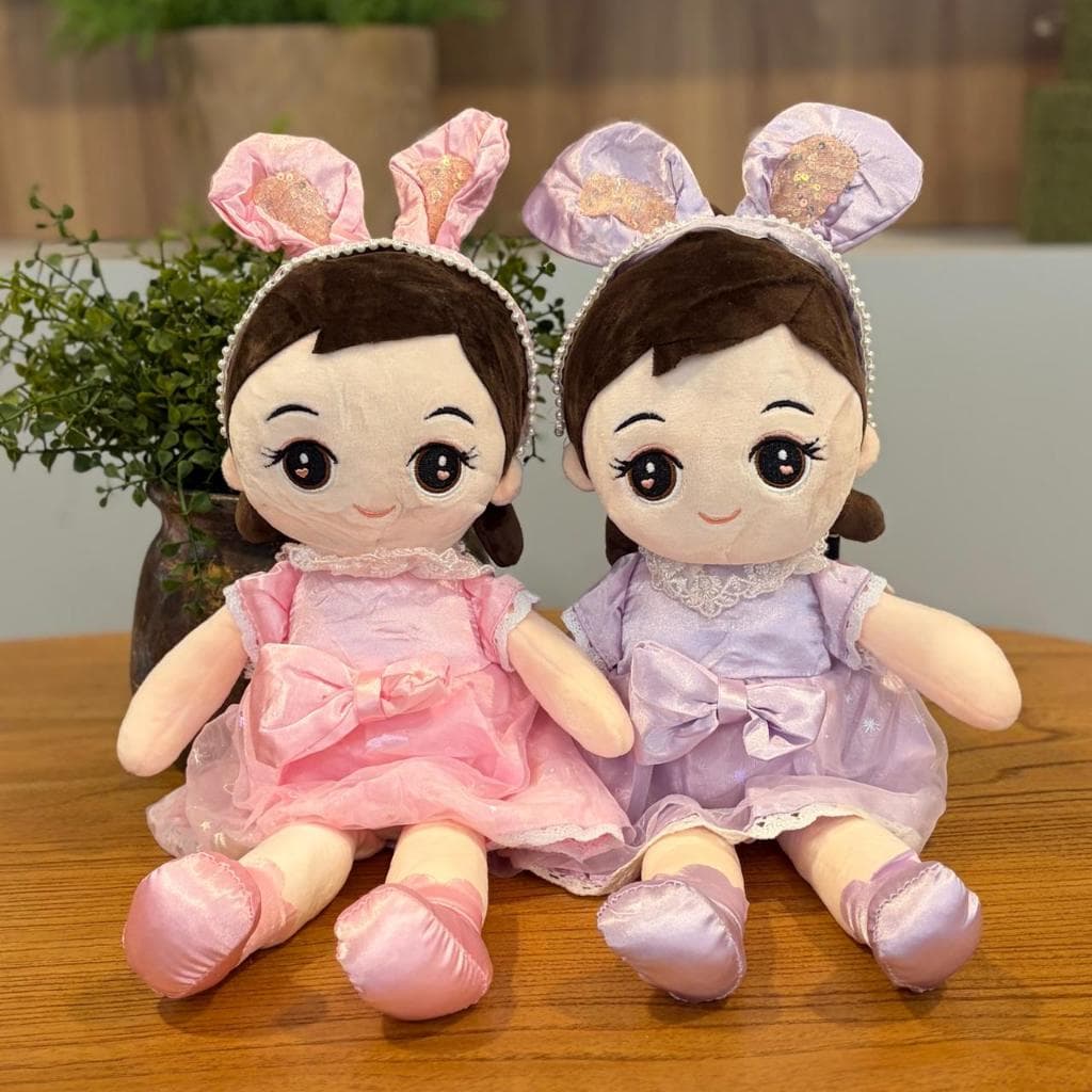 Boneca de Pelúcia Vestido 45cm – Orelha de Coelhinho - Boneca Infantil Fofa, Boneca de Pano Grande, Presente para Menina