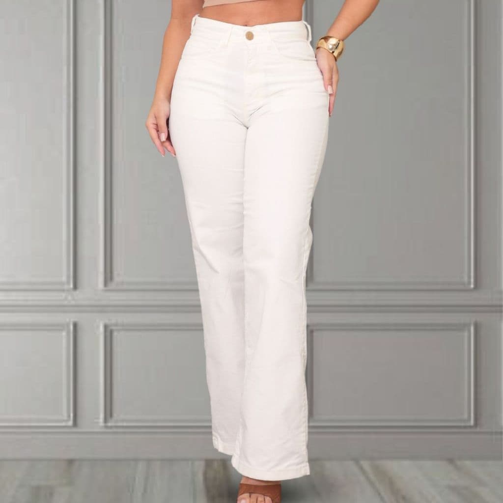 Calça Jeans Feminina Wide Leg Cintura Alta Boca Larga Branca Algodão 100%  empina bumbum e valoriza o corpo