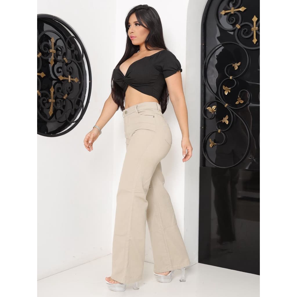Calça Wide leg feminina jeans bege / Caqui super tendência pantalona lançamento cintura alta empina bumbum