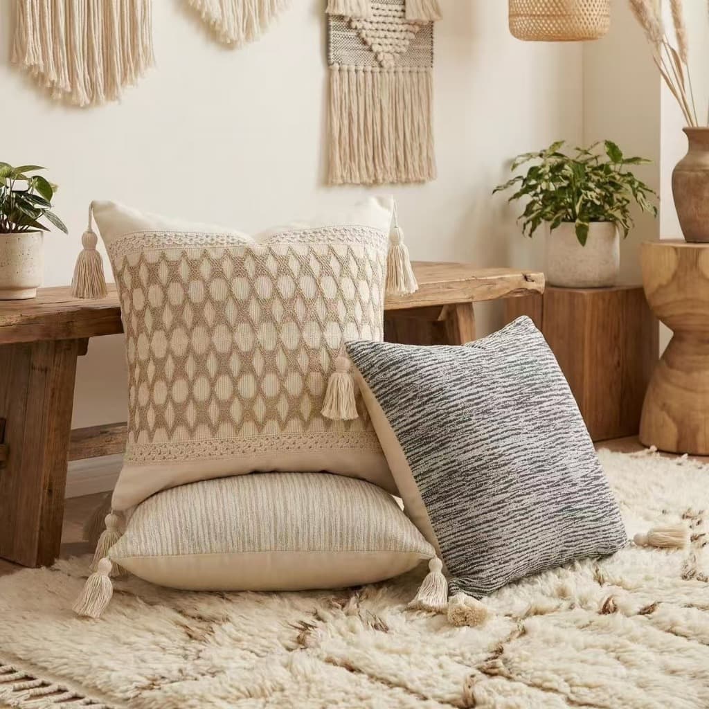 Fronhas de algodão tecidas à mão, decoração em estilo boêmio, trama natural, com pompons trançados - diversos modelos di