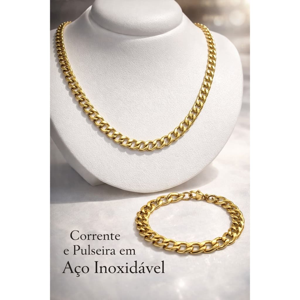 Conjunto de Corrente e Pulseira em Aço Inoxidável-Acessório Elegante Design Moderno para o Dia a Dia