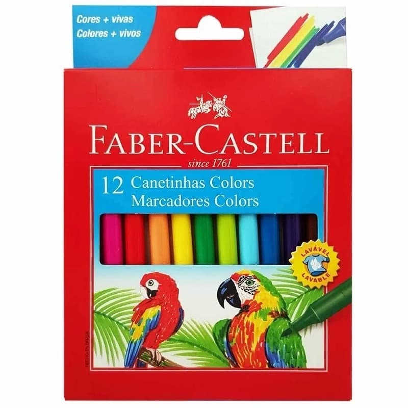 Canetinha Hidrográfica Faber-Castell Colors 12 Cores Hidrocor Escolar e Desenho / Papelaria