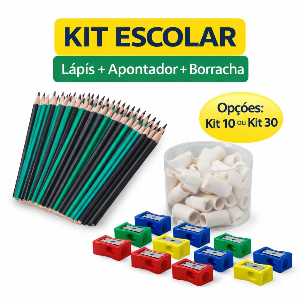 Kit Escolar Lápis Grafite Nº2 + Apontador + Borracha Ponteira | Kit 10 ou 30