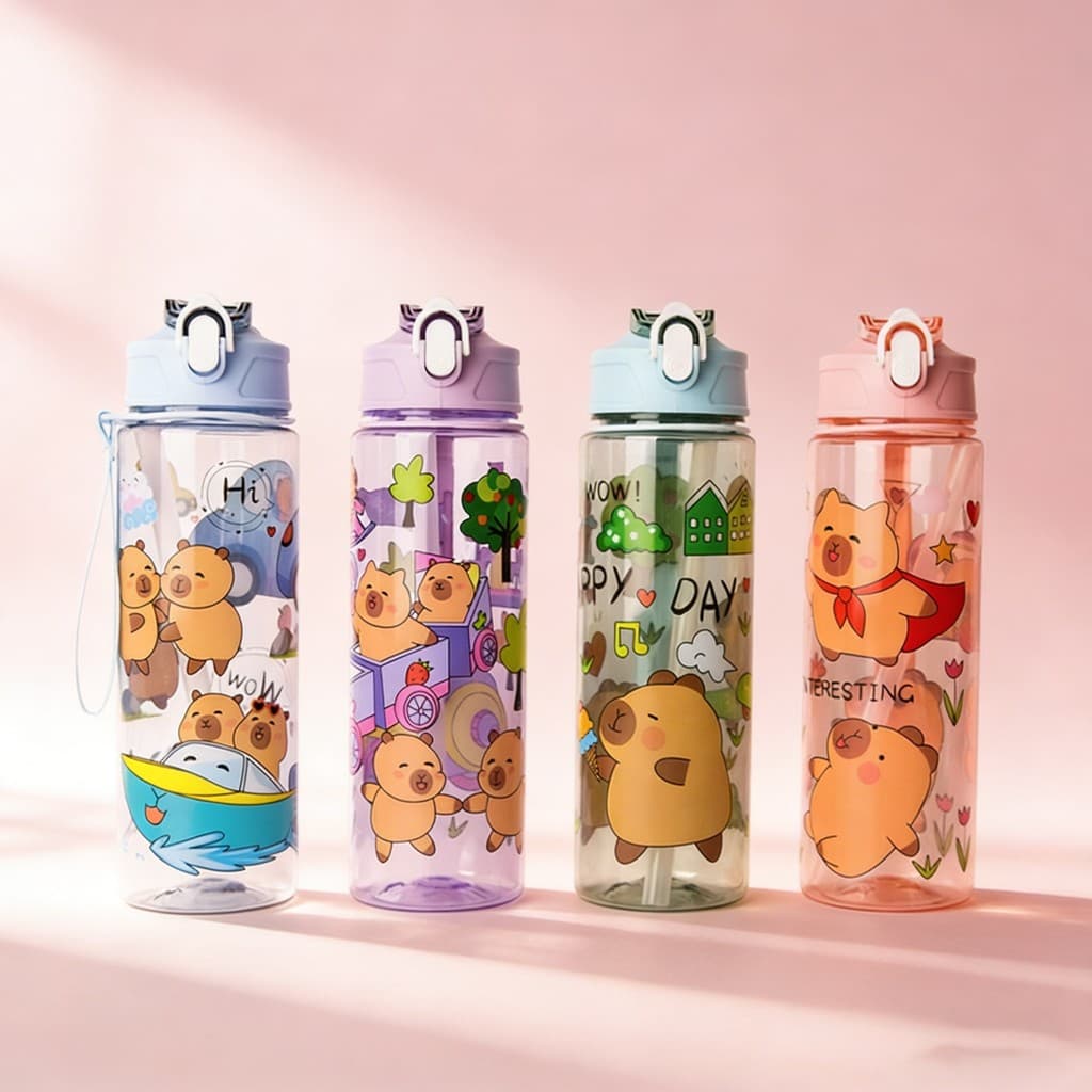 Garrafa de Capivara Infantil  750ml | Transparente e Fofa | 4 Cores | Ideal para Escola