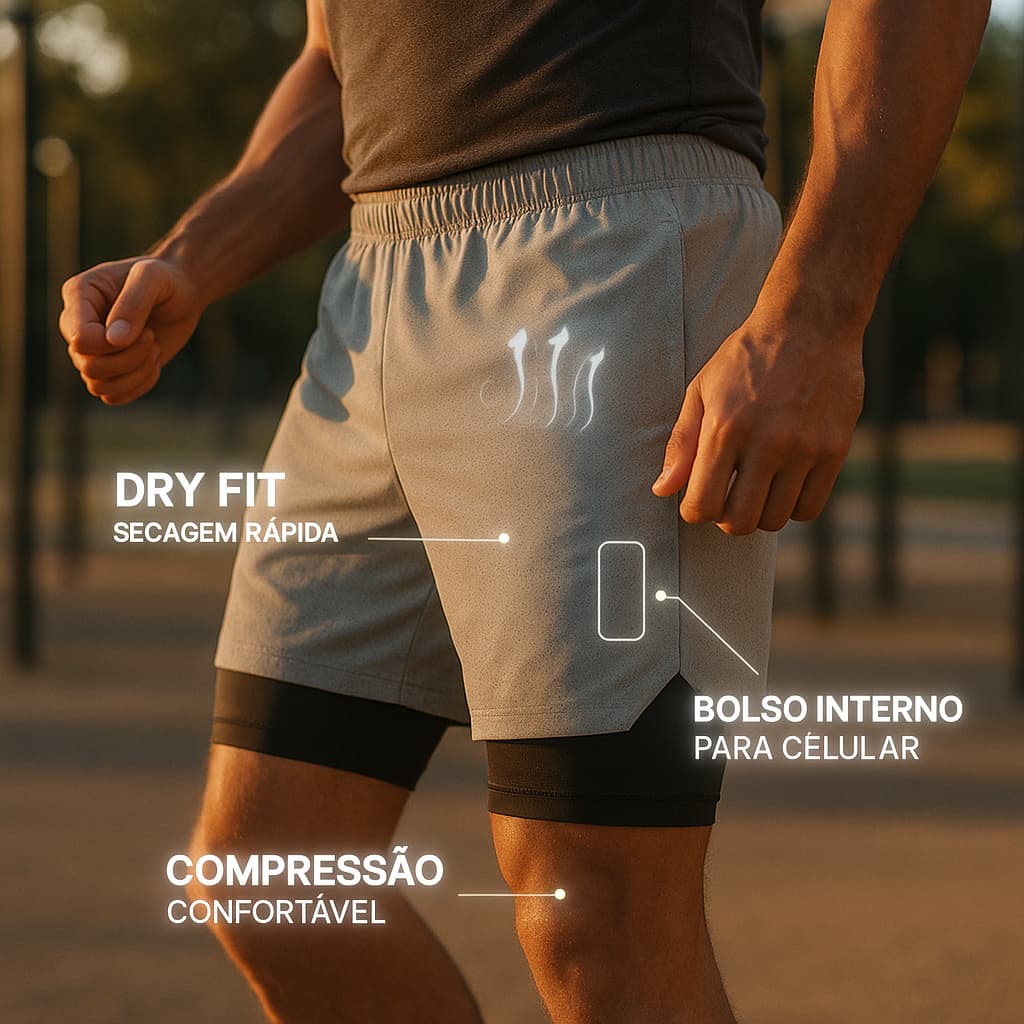 Bermuda Masculina 2 em 1 Premium  Treino, Corrida e Academia | Dupla Camada com Bolso Funcional