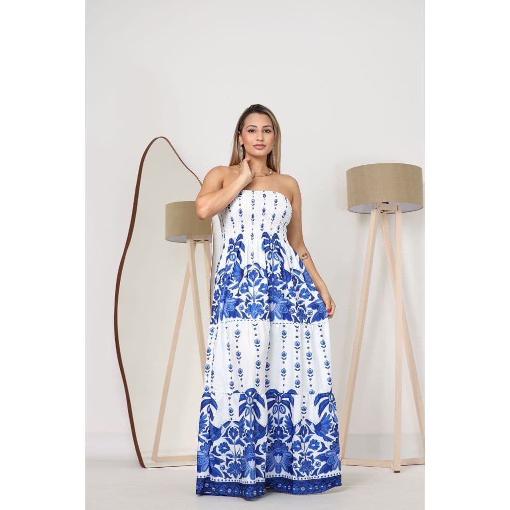 Vestido longo feminino tomara que caia estampa tropical tecido crepinho moda feminina