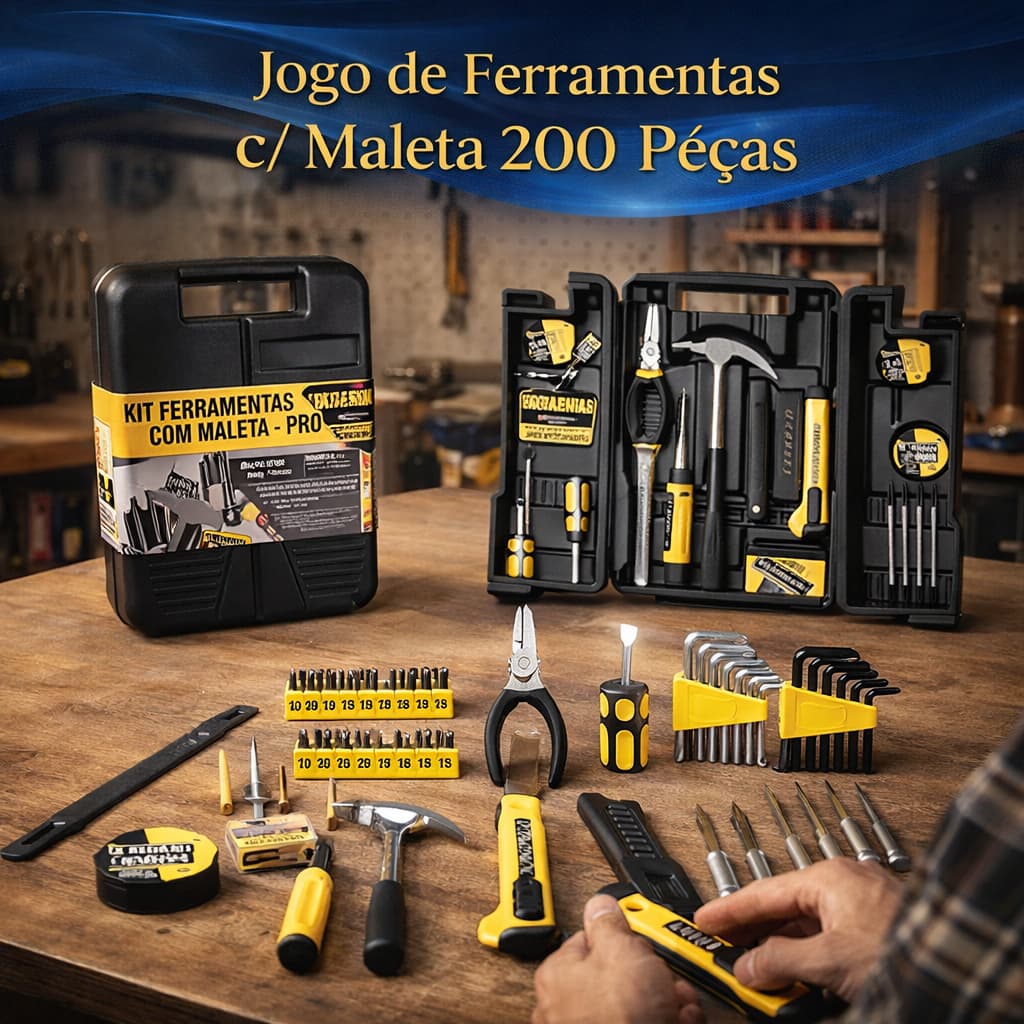 Kit Ferramentas Jogo Maleta 200 Peças Completo Organizador Chaves Soquetes Domestico Multifuncional