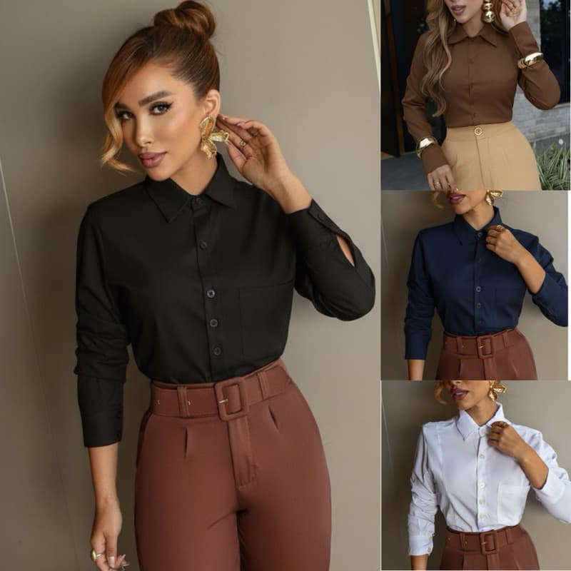 Camisa Social Feminina Elegante Com Bolso Botões Manga Longa