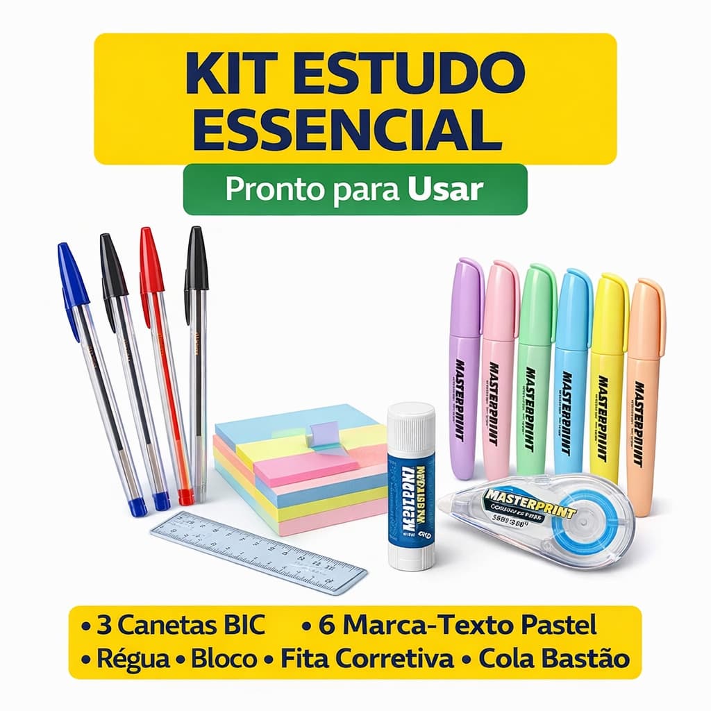 Kit Estudo Essencial Escolar Escritório – Marca Texto + Canetas BIC + Bloco + Fita Corretiva