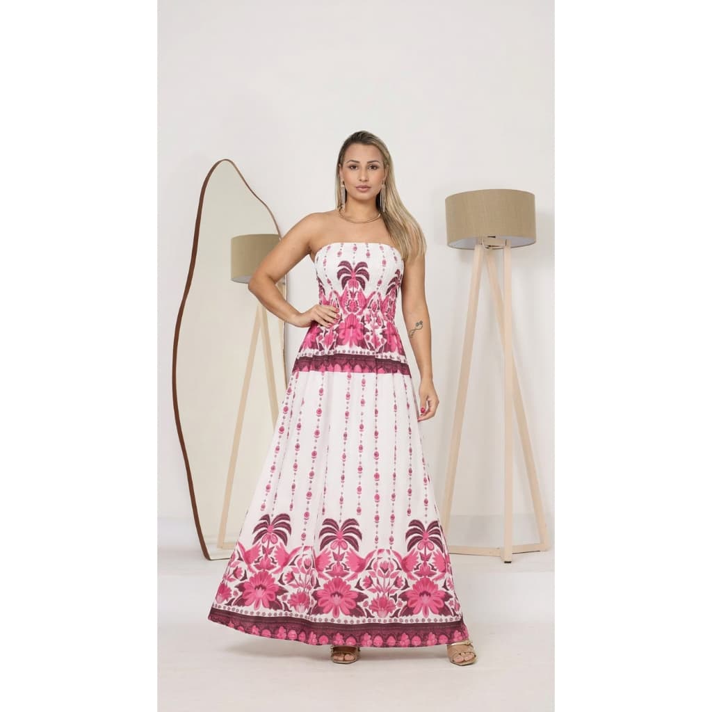 Vestido longo feminino tomara que caia estampa tropical tecido crepinho