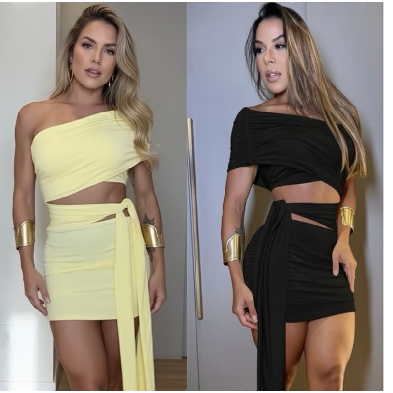 Vestido Feminino Suplex Elegante Amarração Franzido Manga Lateral Gringa