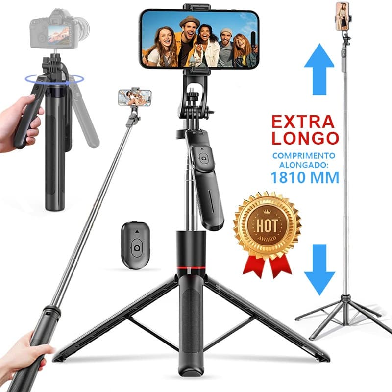Selfie Stick Tripé 1.8M/2M/1.7M, 4 Eixos 360° Rotação Anti-tremor+ Controle Bluetooth Sem Fio para Vlog