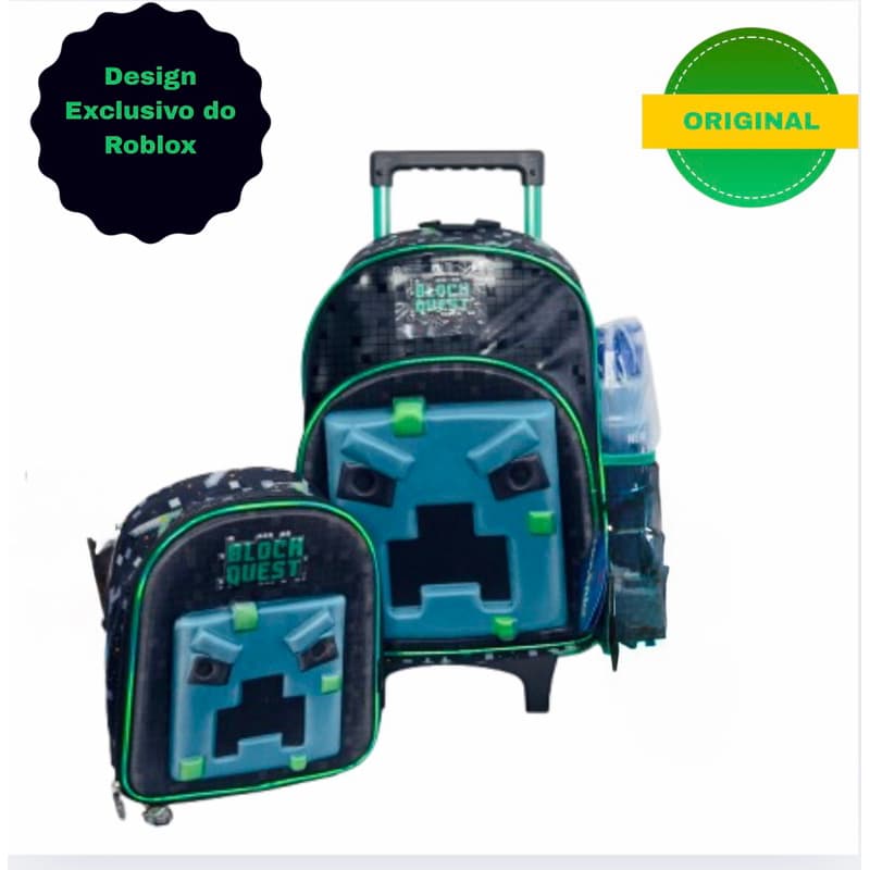 Mochila Escolar Roblox com Rodinha + Lancheira Térmica + Garrafa, SEM ESTOJO ❌ - Alças Acolchoadas e Rodinhas Duráveis