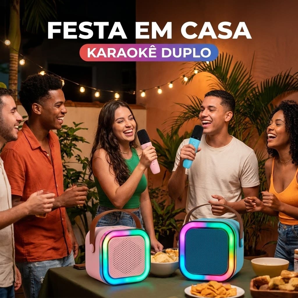 Kit Karaokê Infantil Mini Caixa de Som Bluetooth + Microfone Sem Fio LED RGB
