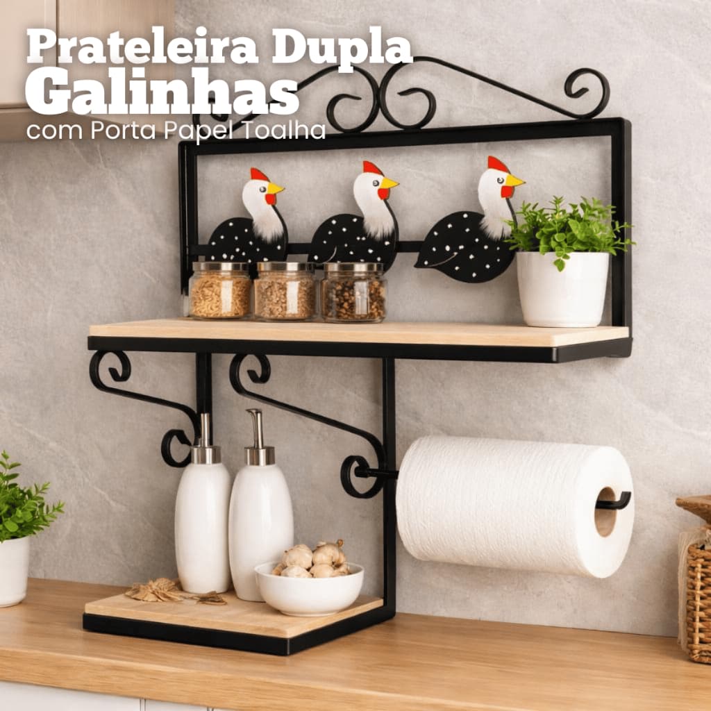 Prateleira Dupla Cozinha Porta Tempero Papel Toalha Decorativa Galinhas Gourmet Ferro Industrial