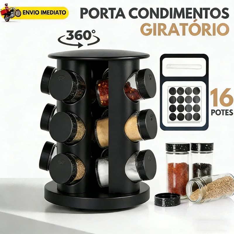 Porta Tempero Condimento 9 Potes Suporte Giratório Com  Adesivos