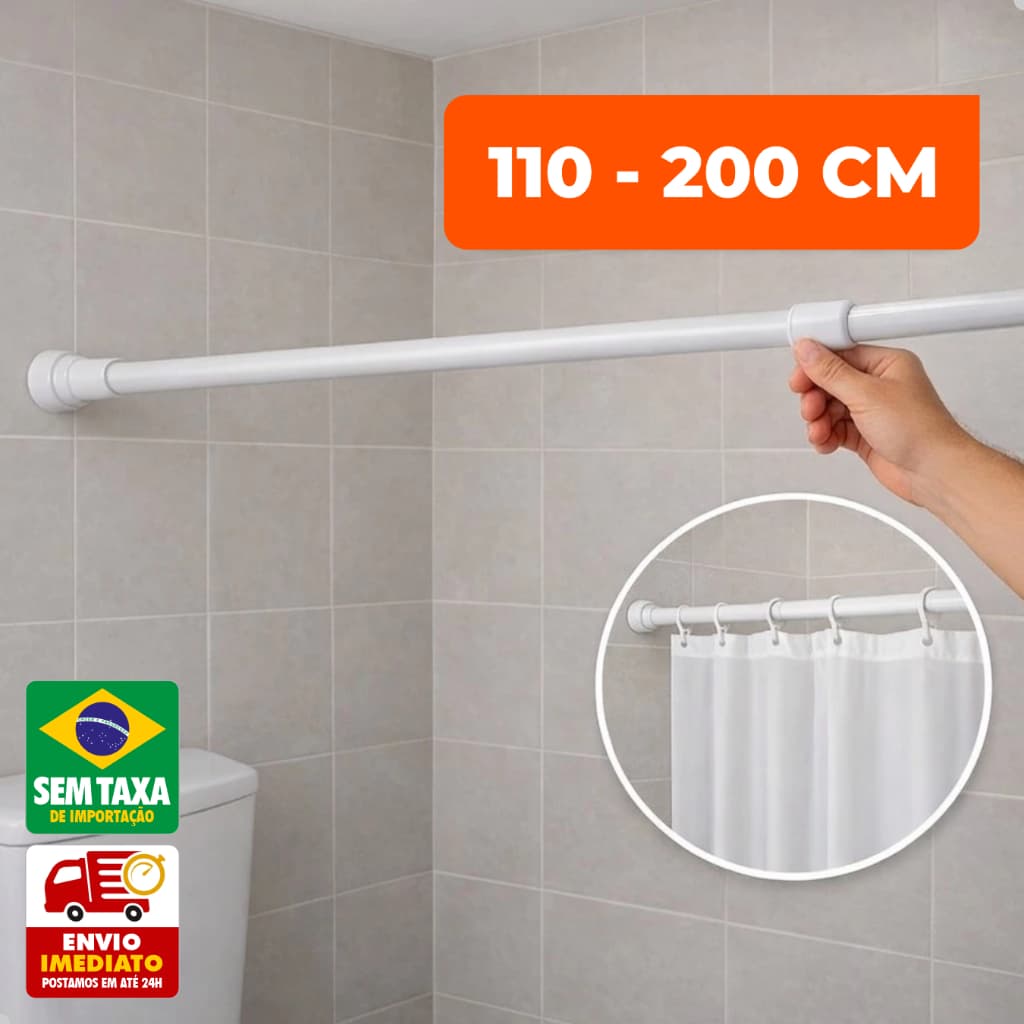 Varão Extensível para Cortina de Banheiro 1,1m até 2m Sem Furo Pressão Branco