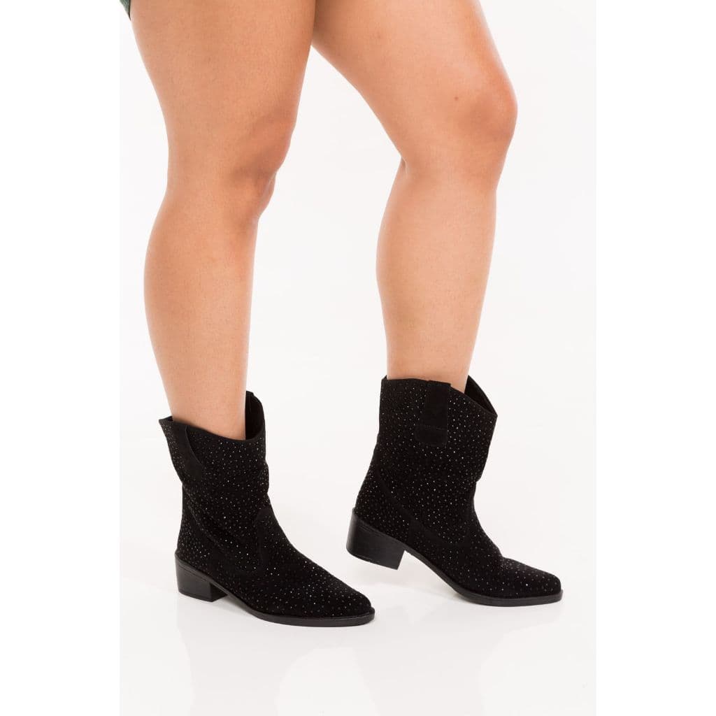 Bota Feminina de Couro com Western Hotfix de glitter Ofelia Band Estilo Country Nobuck