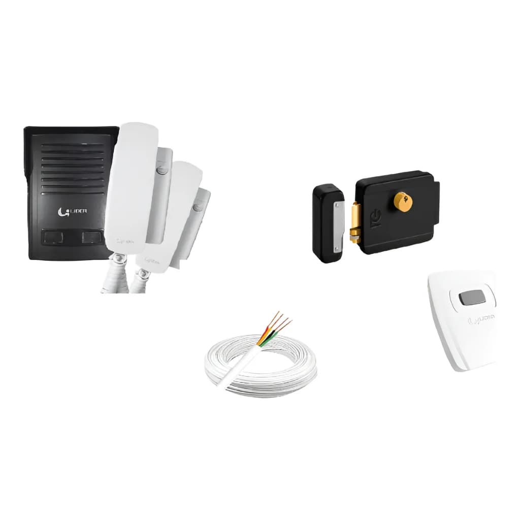 Kit Porteiro Eletrônico Interfone Coletivo 2 Pontos Apartamentos Casas + Fechadura Elétrica + Cabo + Botoeira Lider