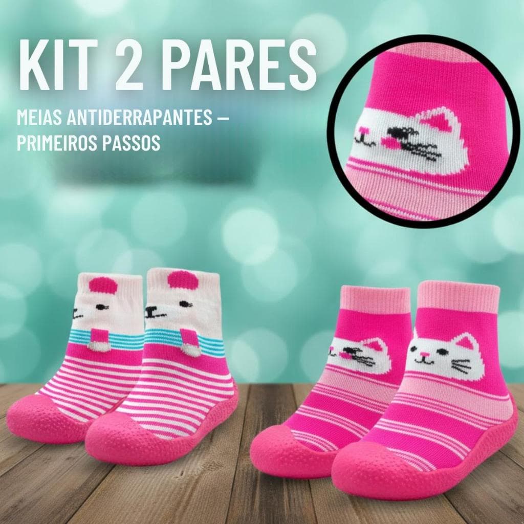 Kit 2 Pares Meia Sapatinho Bebê Com Sola De Borracha Antiderrapante Primeiros Passos