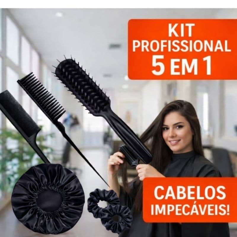 Kit Profissional Escova Jacaré + Pente Fino  3 Fileiras, lTouca de Cetim, 2 xuxinha Cores sortidas
