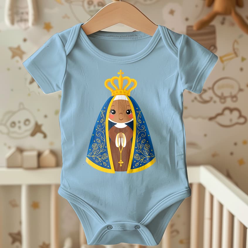 Body Infantil Religioso Chibi Igreja | Nossa Senhora Aparecida em Estilo Cartoon Fofo