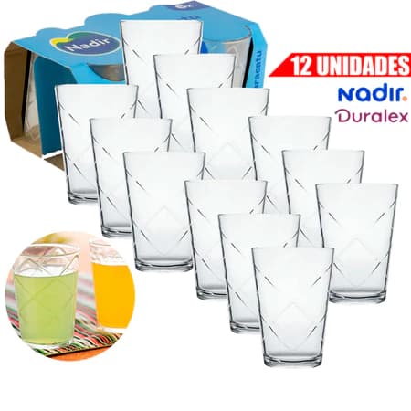 Kit 06/12 Copo Maracatu de Vidro Transparente Resistente Nadir 265ml Vitaminas e tipos de Drinks