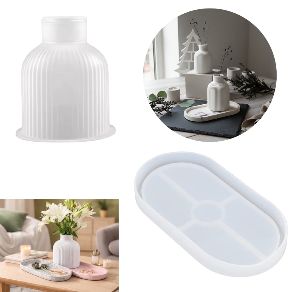 Par De Moldes Silicone Vaso Decorativo E Bandeja Multiuso Cimento DIY