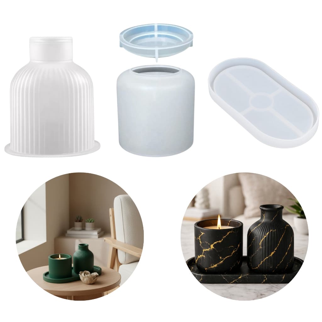 Conjunto 3 Moldes Silicone Bandeja Oval com Vaso B e Pote Liso para Velas