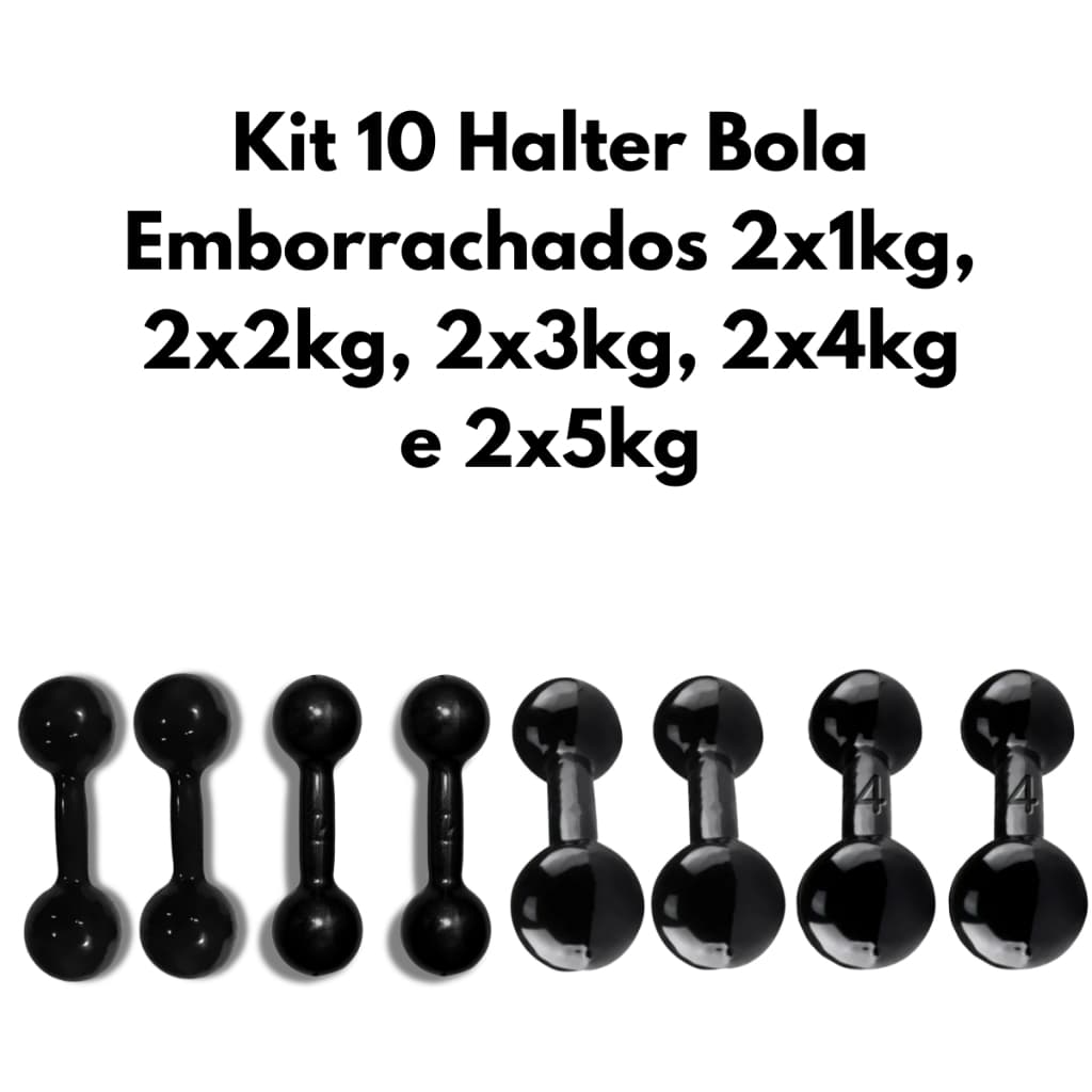 Kit 10 Halter Bola Emborrachados 2x1kg, 2x2kg, 2x3kg, 2x4kg e 2x5kg Musculação Treinamento