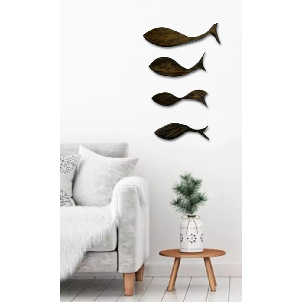 Conjunto de 4 Decorações de Parede Clássicas de Madeira Cardume peixes Apresentando Arte Náutica