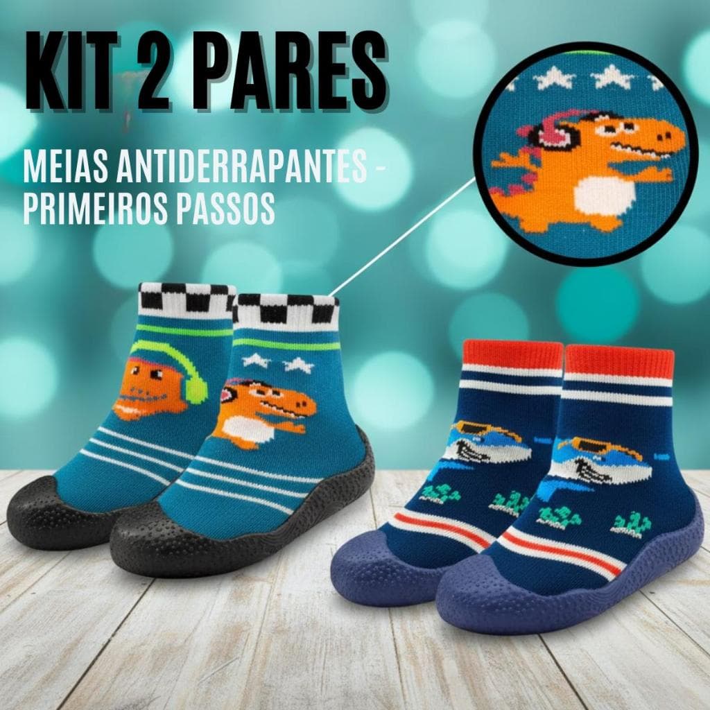 Kit 2 Pares Meia Para Bebê Sapatinho Com Sola De Borracha Antiderrapante Primeiros Passos Menino