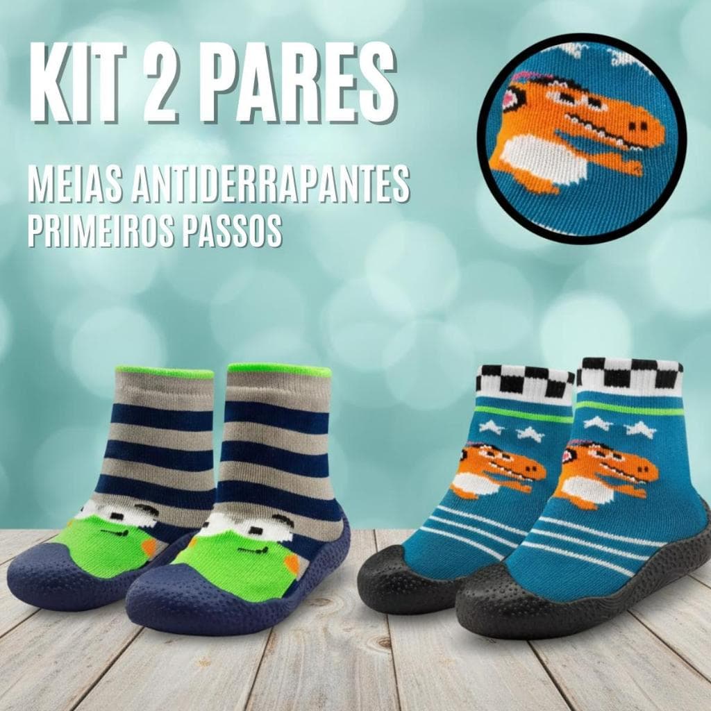 Kit 2 Pares Meia Sapatinho Bebê Sola de Borracha Antiderrapante Primeiros Passos Menino