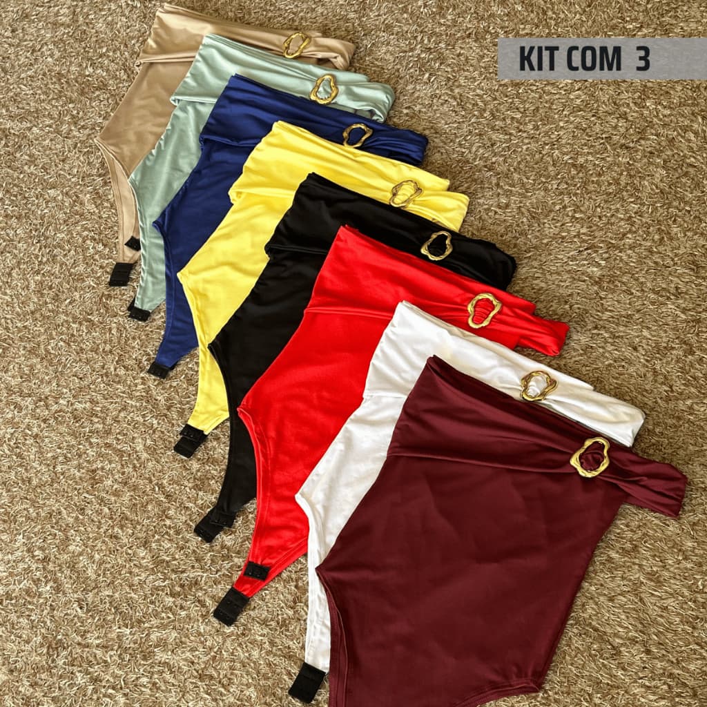 Kit 3 Body Mula Manca Fivela Dourada Collant Feminino Um Ombro Só Verão Nula Manga Assimétrica Bori Faixa Forrado