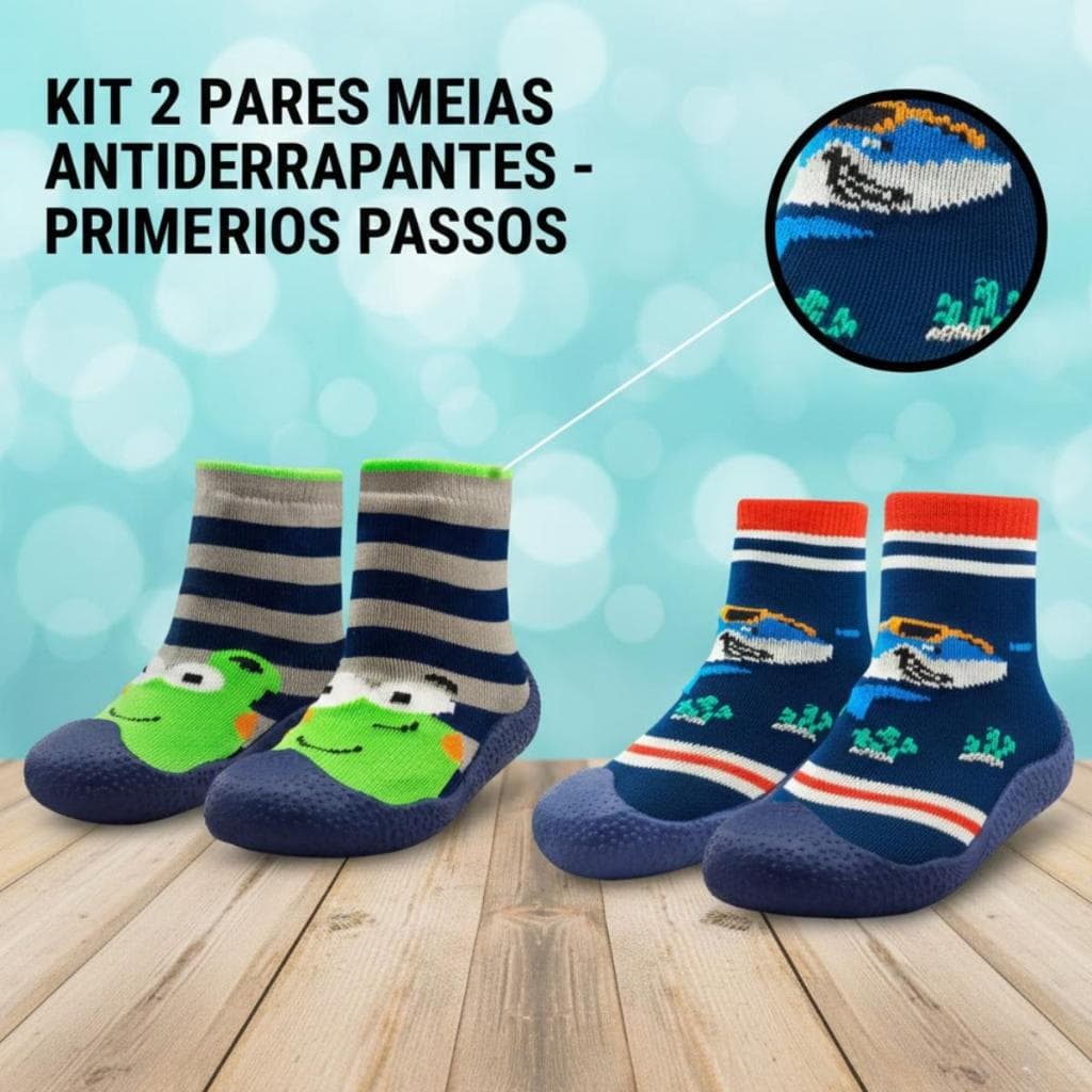 Kit 2 Pares Meia Sapatinho Bebê Sola De Borracha Antiderrapante Primeiros Passos Menino