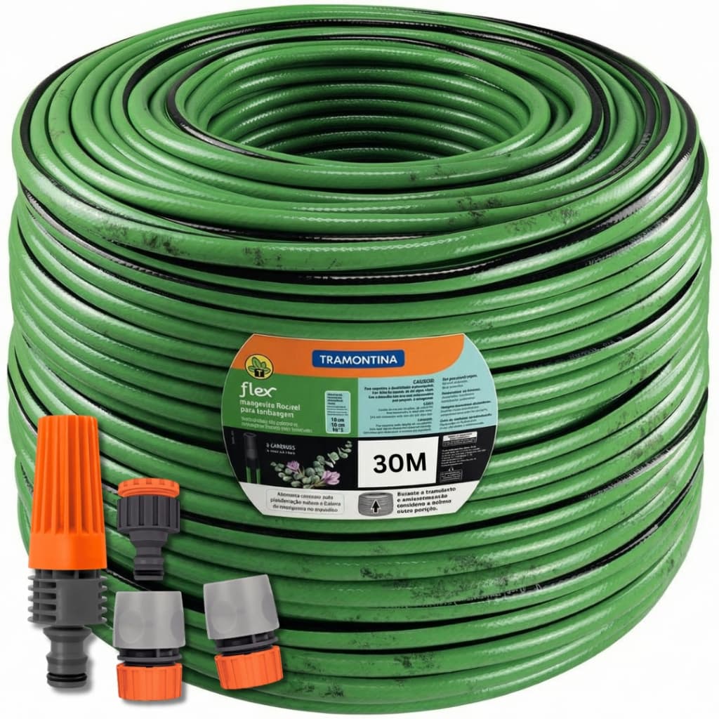 Mangueira de Jardim ate 30 metros Tramontina verde Flexível  Kit Esguicho e Engate Adaptador