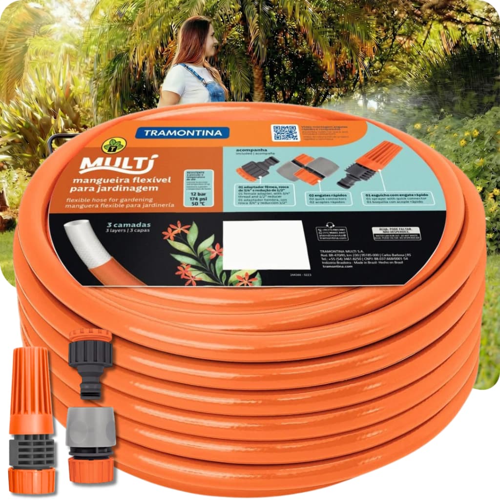 Mangueira de jardim Tramontina Multi 3 Camadas Com Kit Esguicho Laranja 15 Metros