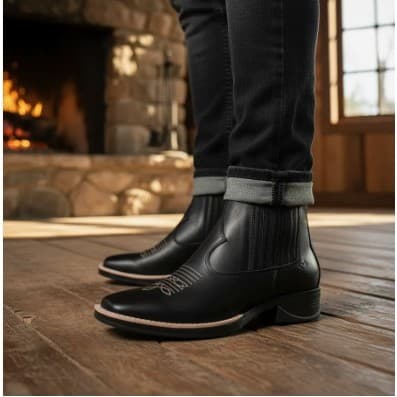 Bota Texana Masculina estilosa western bordada sola costurada botina em couro legitimo  Confortavel cor preto