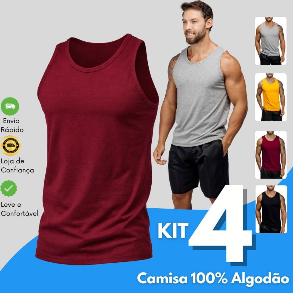 Kit 4 Regatas de Algodão Masculina Básica