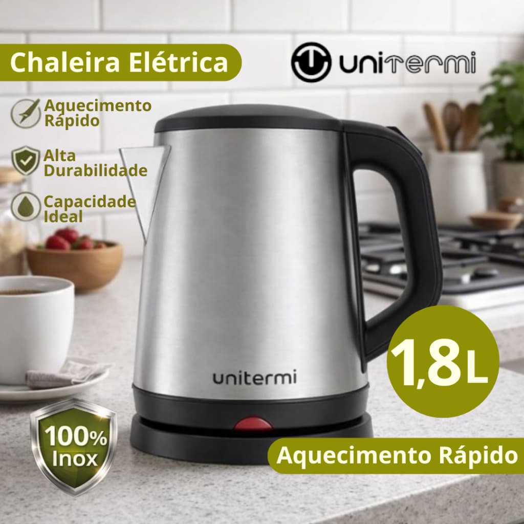 Chaleira Elétrica Inox 1,8L 127V e 220V Jarra Elétrica Unitermi Desligamento Automático