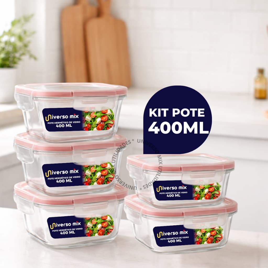 Kit 5 ou 10 Potes Vidro Hermético 400ml Quadrado Marmita Fitness