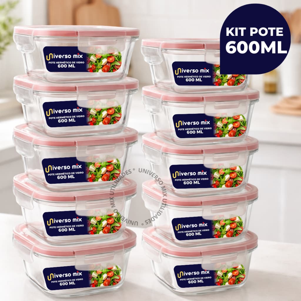 Kit 10 ou 5 Potes Vidro Hermético 600ml Quadrado Tampa Com Trava