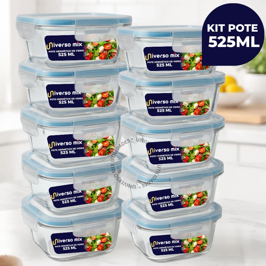 Kit 10 ou 5 Potes Vidro Herméticos 525ml Quadrado Com Tampa Antizavamento Premium