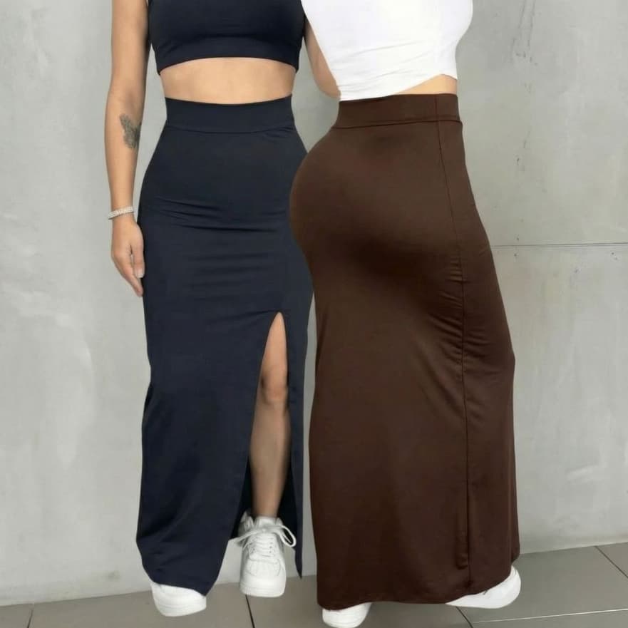 Saia Longa Fenda Feminina Modinha Suplex Verão Longuete Blogueira Moda Gringa