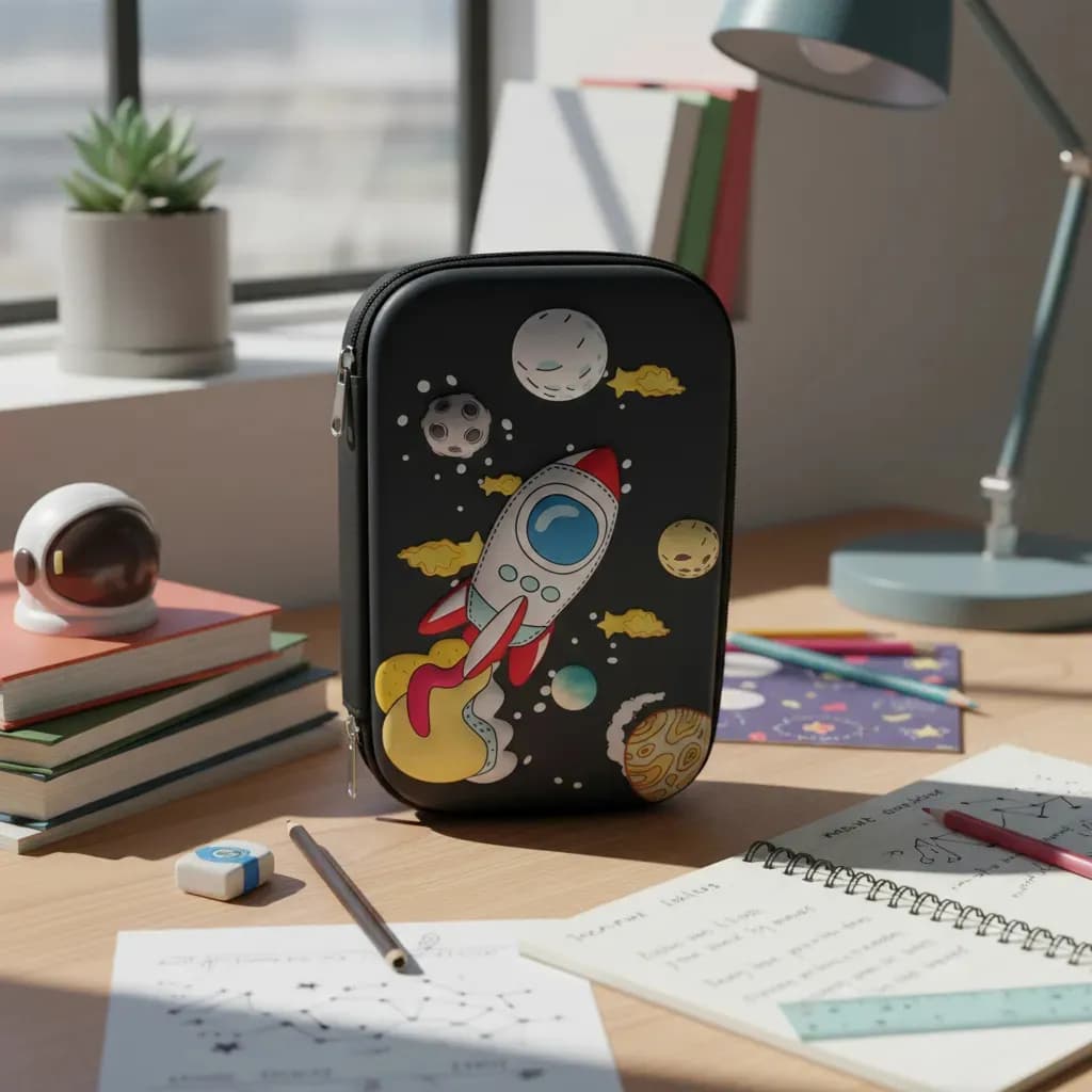 Estojo Escolar Infantil 3d com desenho de Foguete Astronauta