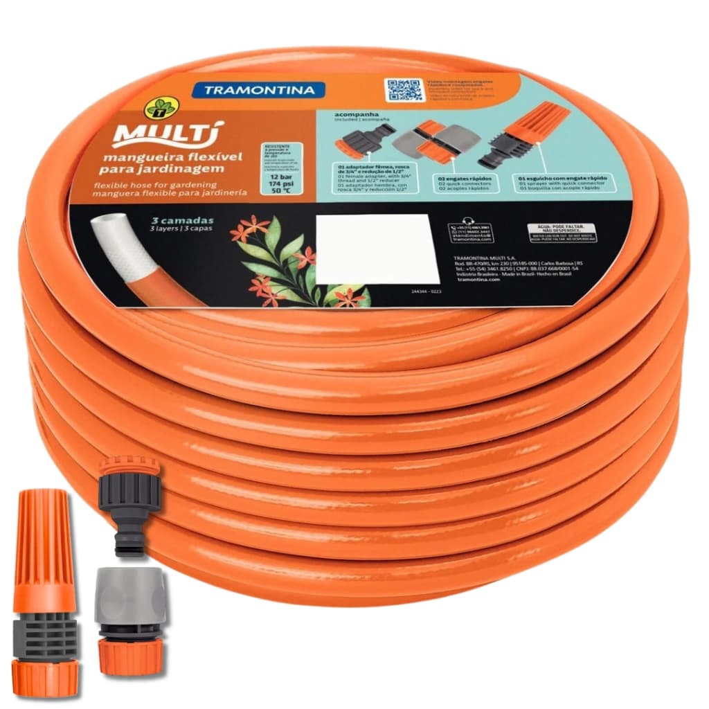 Mangueira de jardim 30metros Multi Laranja Reforçada 1/2'' Em Pvc 3 Camadas Com Kit Esguicho Rápido