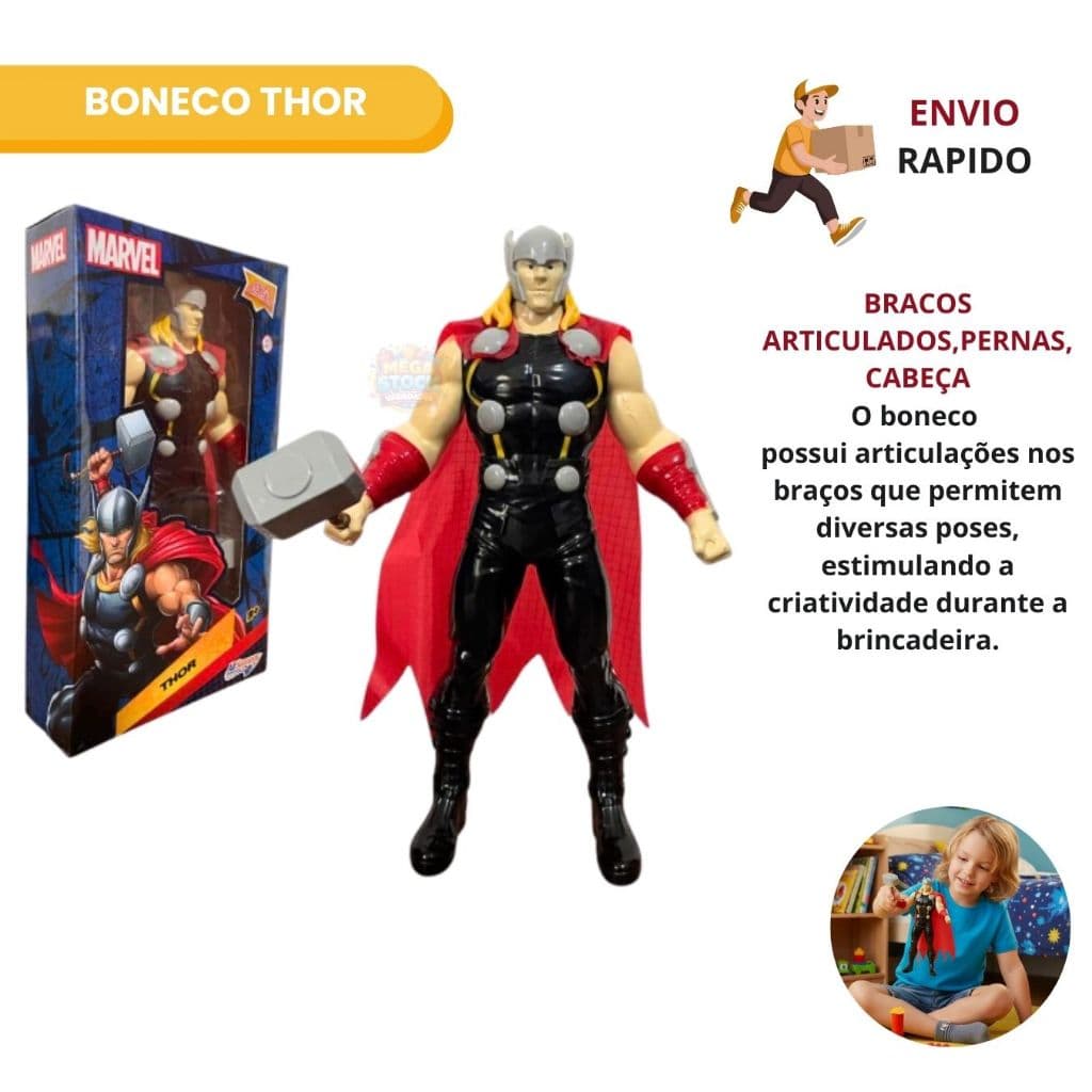 Boneco  Do Thor Vingadores Marvel Super Heróis Brinquedos Semi Articulados 22 cm de Altura